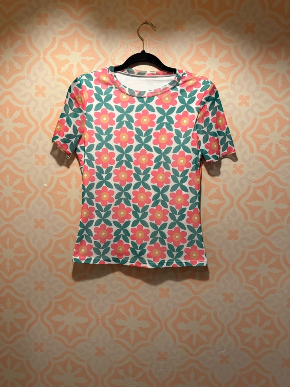 Floral Crewneck Short Sleeve Tee in Pink & Green- Retro Top